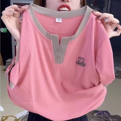 欧货夏季女士新款韩版短袖t恤女宽松减龄拼色体恤衫时尚烫钻上衣图2