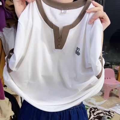 欧货夏季女士新款韩版短袖t恤女宽松减龄拼色体恤衫时尚烫钻上衣