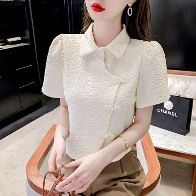 小香风设计感衬衫女新款别致泡泡袖T恤盘扣polo领短款短袖上衣夏图3