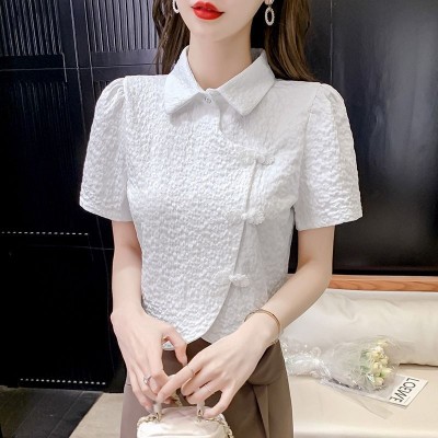 小香风设计感衬衫女新款别致泡泡袖T恤盘扣polo领短款短袖上衣夏图2