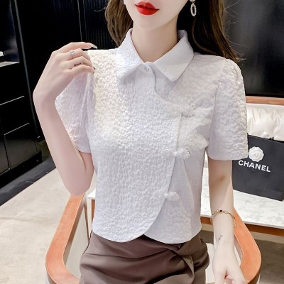 小香风设计感衬衫女新款别致泡泡袖T恤盘扣polo领短款短袖上衣夏图5