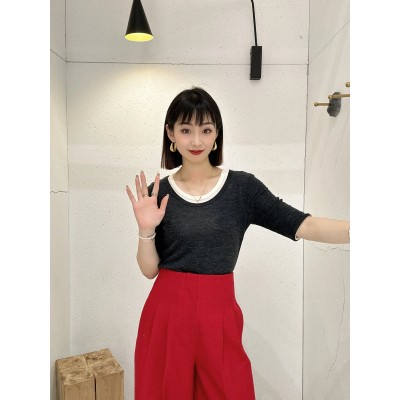 ED羊毛衫女2024春新款撞色假两件叠穿修身针织T恤女 EBD1TEE019图2