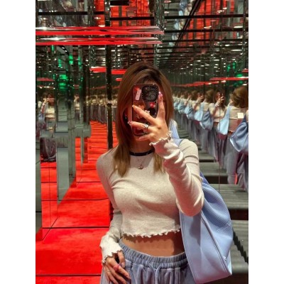 大王女士罗纹针织卷边短款长袖T恤修身露脐白色潮T24春夏新款图3