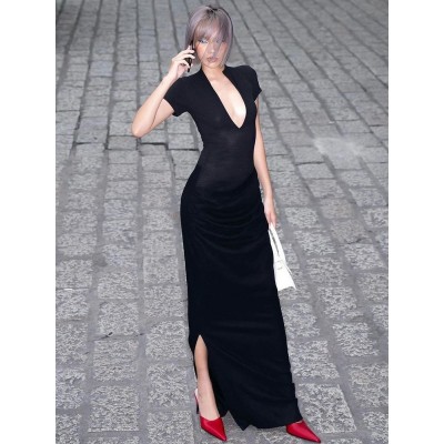 2024春季新款女装性感深V短袖纯色辣妹风褶皱长款连衣裙一件代发图3