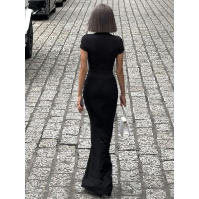 2024春季新款女装性感深V短袖纯色辣妹风褶皱长款连衣裙一件代发图2