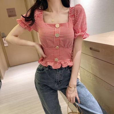 夏季新款修身木耳边格子衬衫上衣短款短袖小心机露背衬衣女装图4