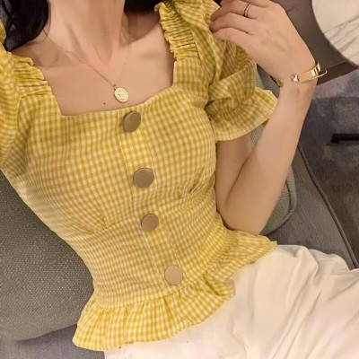 夏季新款修身木耳边格子衬衫上衣短款短袖小心机露背衬衣女装图5