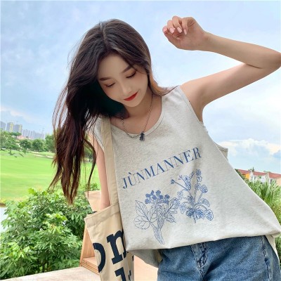 灰色复古印花吊带背心女夏季新款韩版宽松中长款学生无袖上衣潮图2
