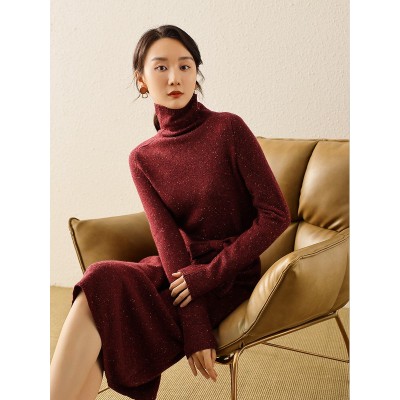 羊毛羊绒连衣裙女中长裙针织星空打底裙新年红色毛衣女堆堆领图3