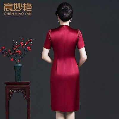 婚宴妈妈装礼服夏季新款气质短袖醋酸缎连衣裙中老年女装改良旗袍图4