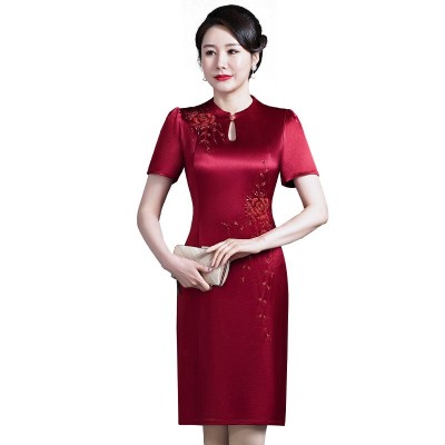 婚宴妈妈装礼服夏季新款气质短袖醋酸缎连衣裙中老年女装改良旗袍图5
