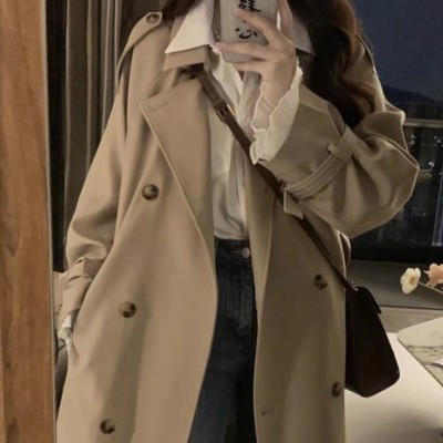 卡其色风衣外套女2024春秋新款韩版修身英伦风双排扣女式长款风衣图5