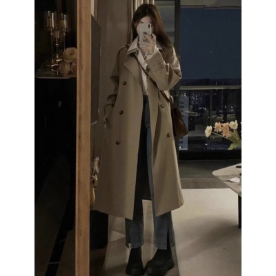 卡其色风衣外套女2024春秋新款韩版修身英伦风双排扣女式长款风衣图4