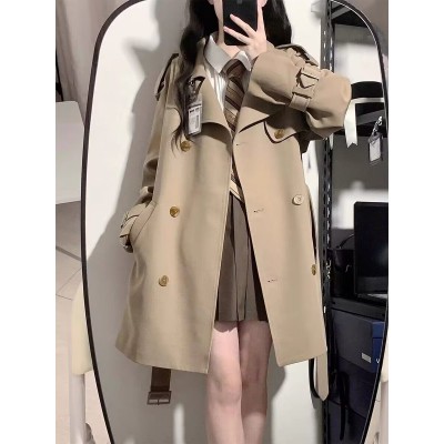 卡其色风衣外套女2024春秋新款韩版修身双排扣小个子短款风衣外套图2