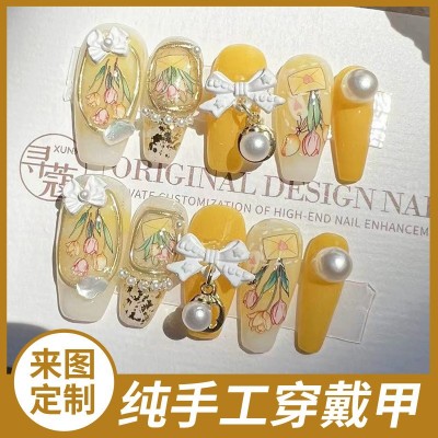萌萌色心动初夏·郁金香系列立体蝴蝶结大珍珠坠饰手工穿戴甲拆卸图5