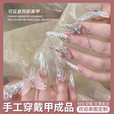 纯手工穿戴甲美甲 蝴蝶仙境立体蓝紫蝴蝶纯欲风显白爆闪粉钻手绘图4