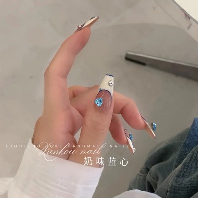 法式奶味蓝心手工穿戴甲爱心简约爆闪裸色新娘成品质感显白可拆卸图4