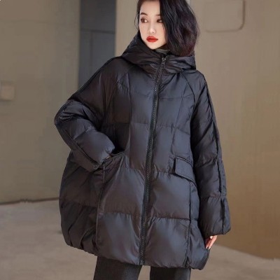 羽绒服女2024秋冬季韩版宽松女大码白鸭绒宽松廓形中长款连帽外套图2