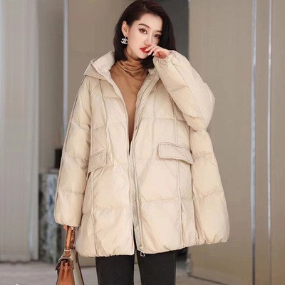 羽绒服女2024秋冬季韩版宽松女大码白鸭绒宽松廓形中长款连帽外套图3