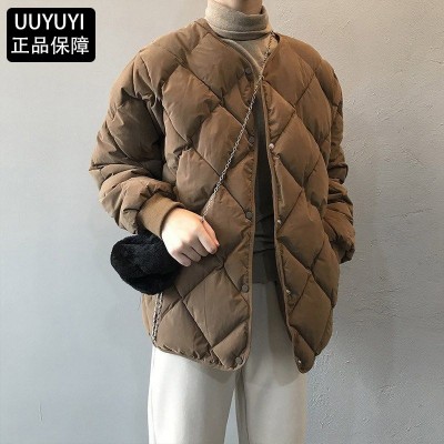 羽绒服女短款2024冬季韩版菱形格子圆领小个子白鸭韩版绒外潮保暖图2
