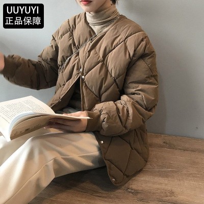 羽绒服女短款2024冬季韩版菱形格子圆领小个子白鸭韩版绒外潮保暖图4