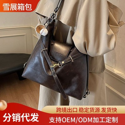 跨境批发复古大容量女式双肩包2024新款后背包多用单肩包托特包图2