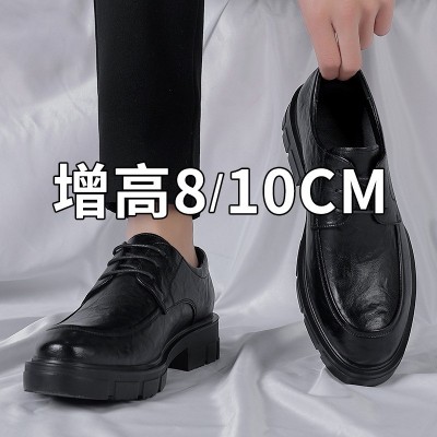 内增高10CM皮鞋男手抓纹商务正装鞋低帮系带厚底英伦透气新郎婚鞋图3