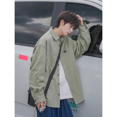 日系港风纯色工装长袖衬衫宽松衬衣男生春季潮流百搭男装休闲外套图5