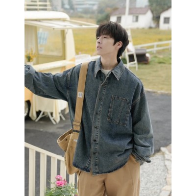 日系复古工装牛仔衬衫男春秋水洗做旧宽松男生衬衣外套夹克代发图2