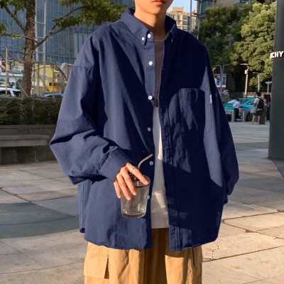 蓝色长袖衬衫男日系潮流文艺风春季潮流百搭宽松简约休闲衬衣外套图4