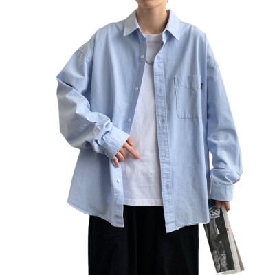 蓝色长袖衬衫男日系潮流文艺风春季潮流百搭宽松简约休闲衬衣外套图5