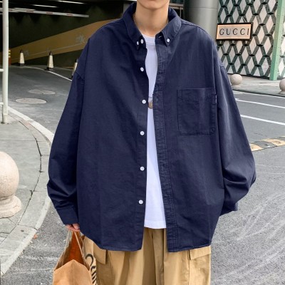 蓝色长袖衬衫男日系潮流文艺风春季潮流百搭宽松简约休闲衬衣外套图2