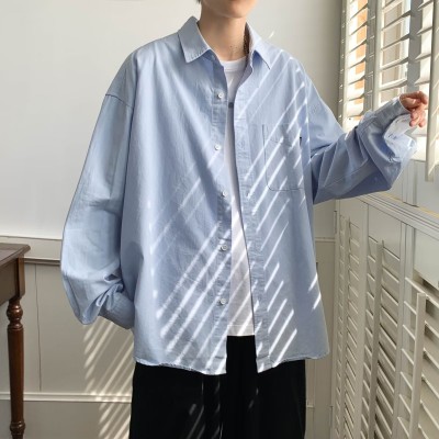 蓝色长袖衬衫男日系潮流文艺风春季潮流百搭宽松简约休闲衬衣外套图3