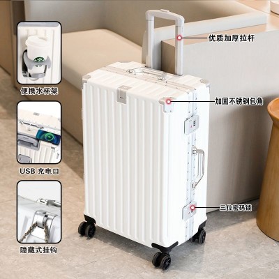 多功能行李箱杯架充电口拉杆箱铝框大容量万向轮旅行箱一件起批图1