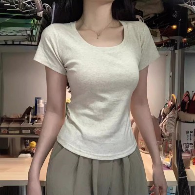 美式短袖正肩t恤女夏季2025新款显瘦修身辣妹短款学生上衣设计感