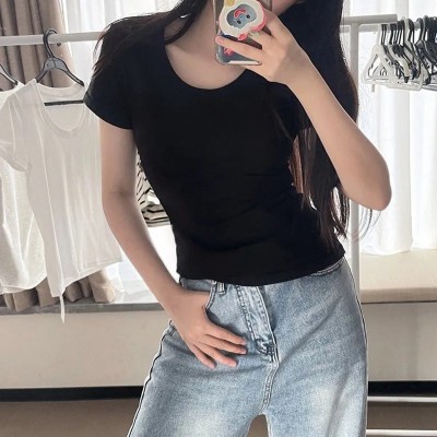 美式短袖正肩t恤女夏季2025新款显瘦修身辣妹短款学生上衣设计感图3