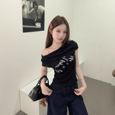 一字领短袖修身T恤女2025夏季字母印花显瘦辣妹百搭短款露肩上衣图5