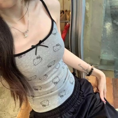 2025新款日系甜辣妹Kitty猫印花撞色小吊带修身性感纯欲辣妹上衣