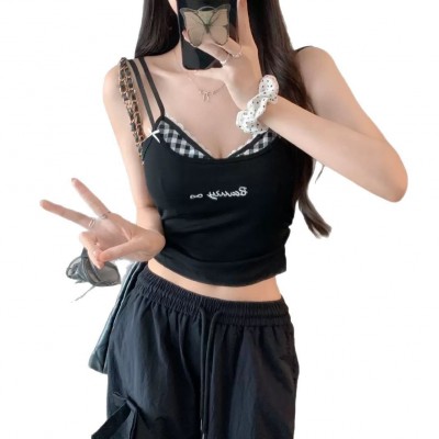 新款假两件辣妹外穿吊带背心女带胸垫修身显瘦外穿内搭上衣女美背图5