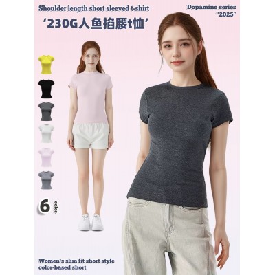 正肩短袖t恤女夏季收腰显瘦韩系人鱼掐腰上衣修身辣妹装短款跨境图3