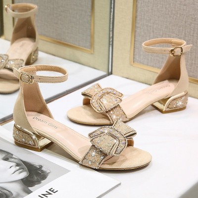 淑女鞋中跟2025夏季新款仙女风晚晚风温柔鞋水钻粗跟一字扣凉鞋女图2