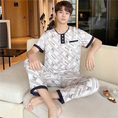 男士睡衣人造棉春夏季新款中青年爸爸装短袖长裤套大码棉绸家居服图3