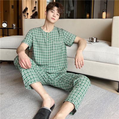男士睡衣人造棉春夏季新款中青年爸爸装短袖长裤套大码棉绸家居服图2