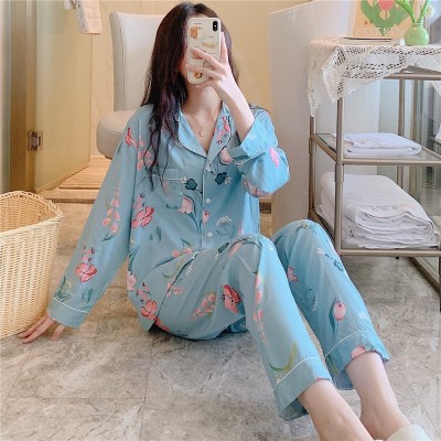 新款人造棉春秋季女士睡衣韩版开衫长袖两件套夏天棉绸薄款家居服图3