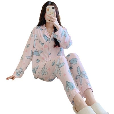 新款人造棉春秋季女士睡衣韩版开衫长袖两件套夏天棉绸薄款家居服图5