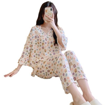 新款人造棉夏秋天棉绸家居服薄款女春夏季韩版绵绸宽松加大码套装图4