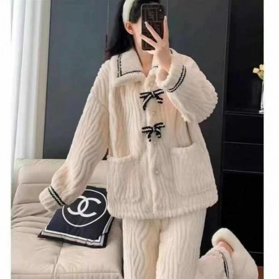 小香风睡衣女冬季加厚保暖甜美蝴蝶结保暖珊瑚绒大学生家居服套装