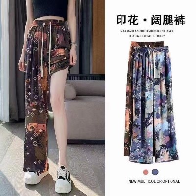 东南亚度假风阔腿裤女夏季薄款复古印花拖地高腰垂感直筒裤沙滩裤