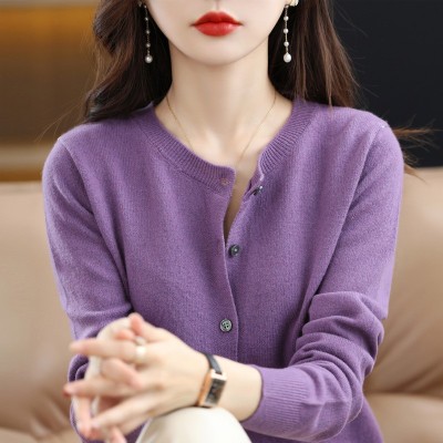 2025新款针织开衫早春圆领毛衣女长袖纯色百搭外套女装一件代发