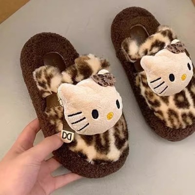 新款秋冬棉拖保暖舒适豹纹小猫设计包头毛毛拖鞋居家室内棉拖鞋女图2